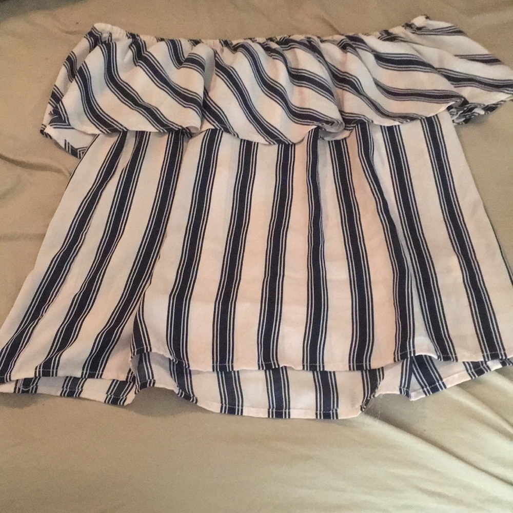 Pink and Navy striped off shoulder top